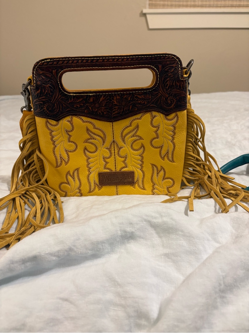 Wrangler Yellow Leather Fringe Crossbody with Carved Brown Trim - never used